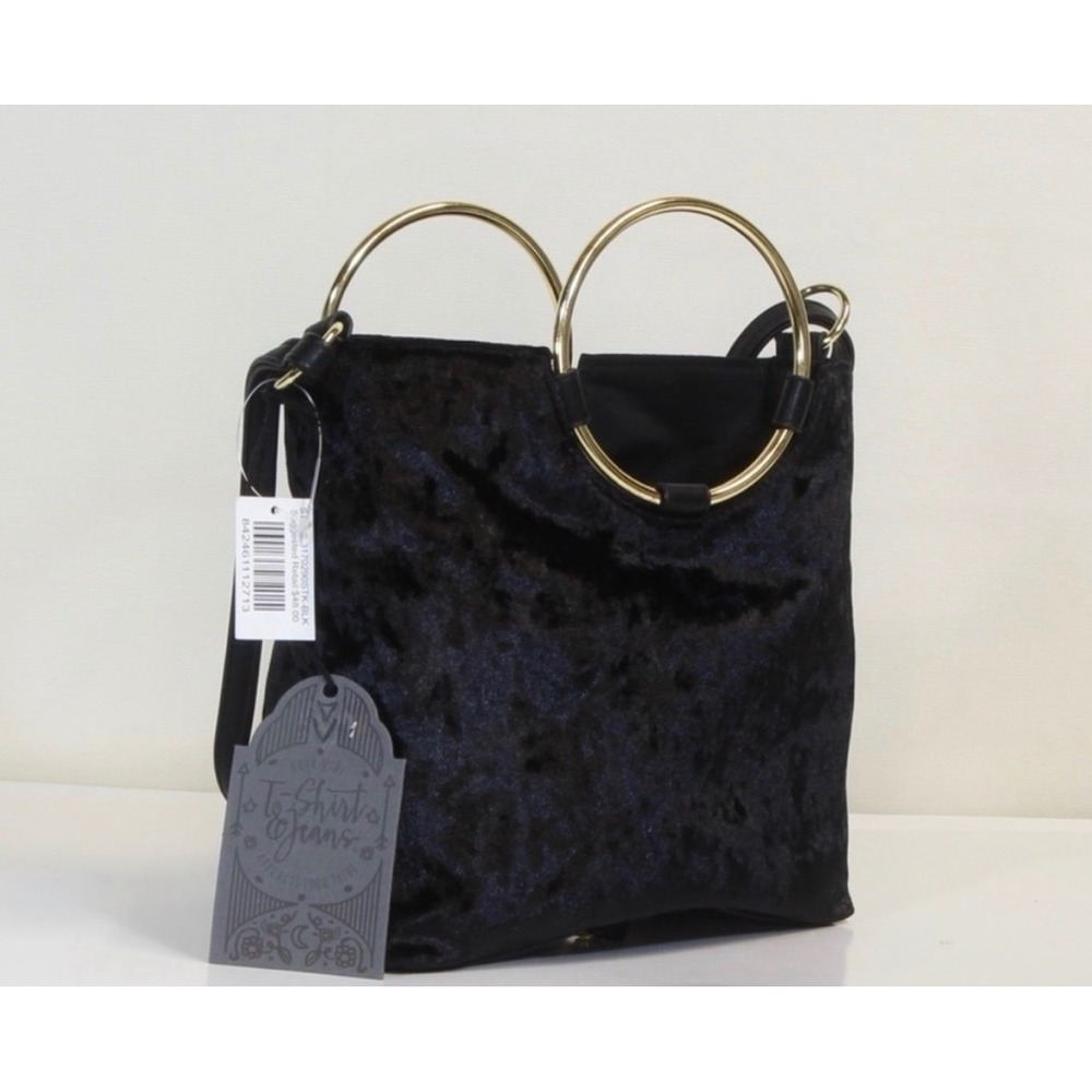 T-Shirts & Jeans Black Crushed Velvet Gold Ring Handle Shoulder Bag NWT